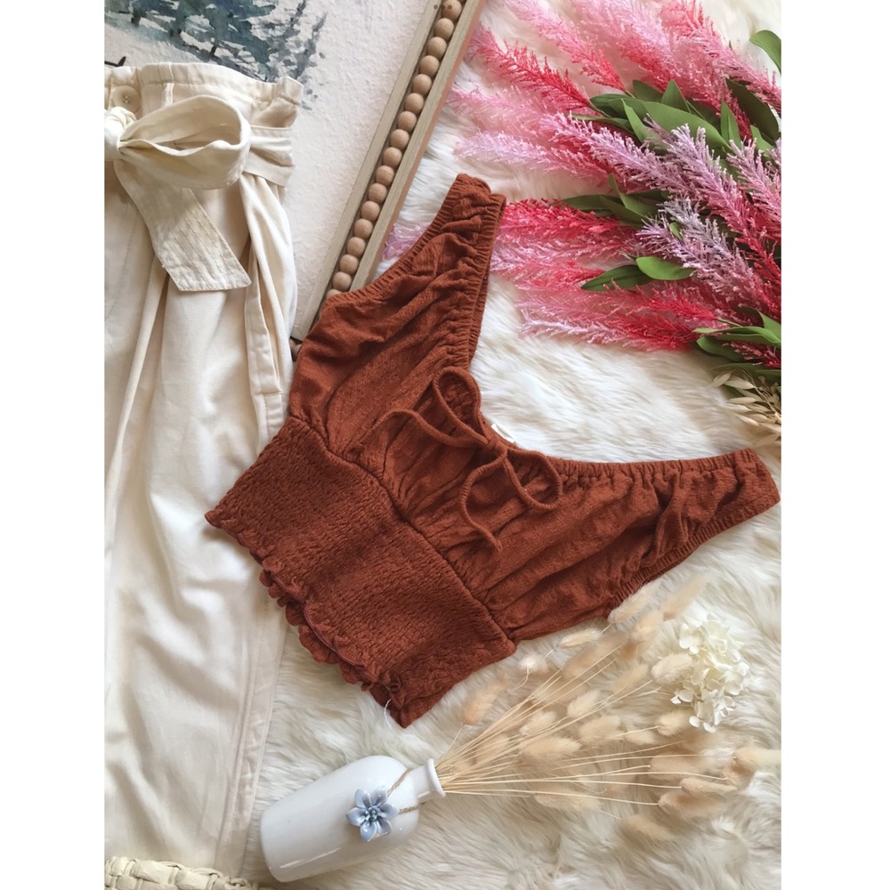 Billabong Rust & Rose Crop Milkmaid Top Smocked Sz S Western Boho Farmhouse